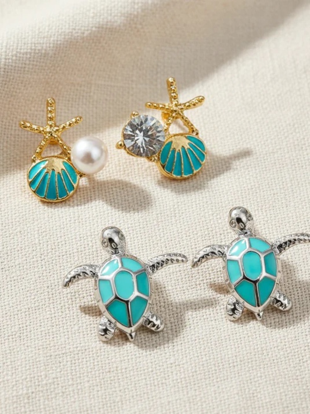 Turquoise Sea Shell & Turtle Mixed Stud Earring Set - Gold and Silver